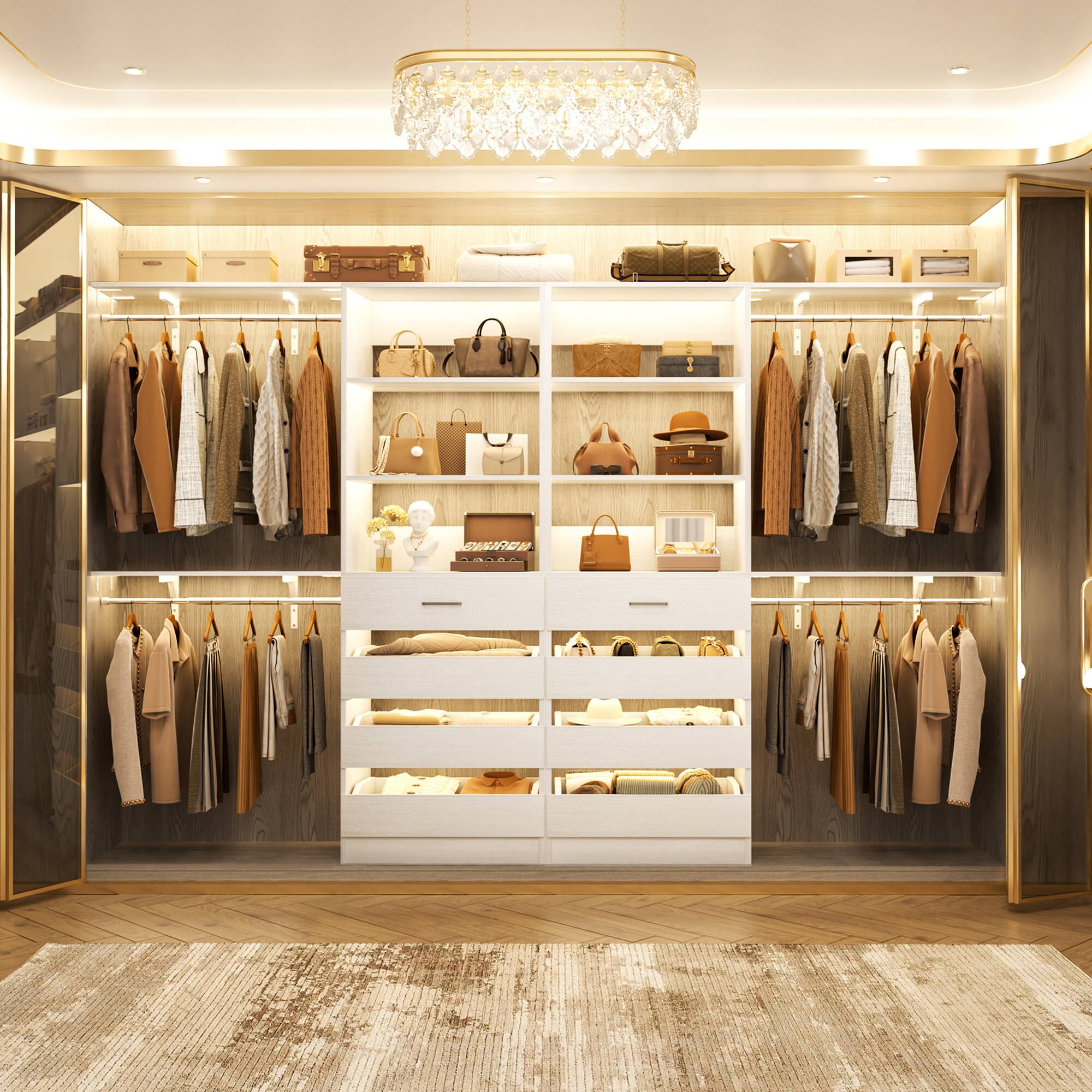 Back. Aheaplus - 7-12FT Custom Wood Closet Organizer with 8 Drawers & 4 Adjustable Hanging Rods, Holds 1000+ Lbs - White.