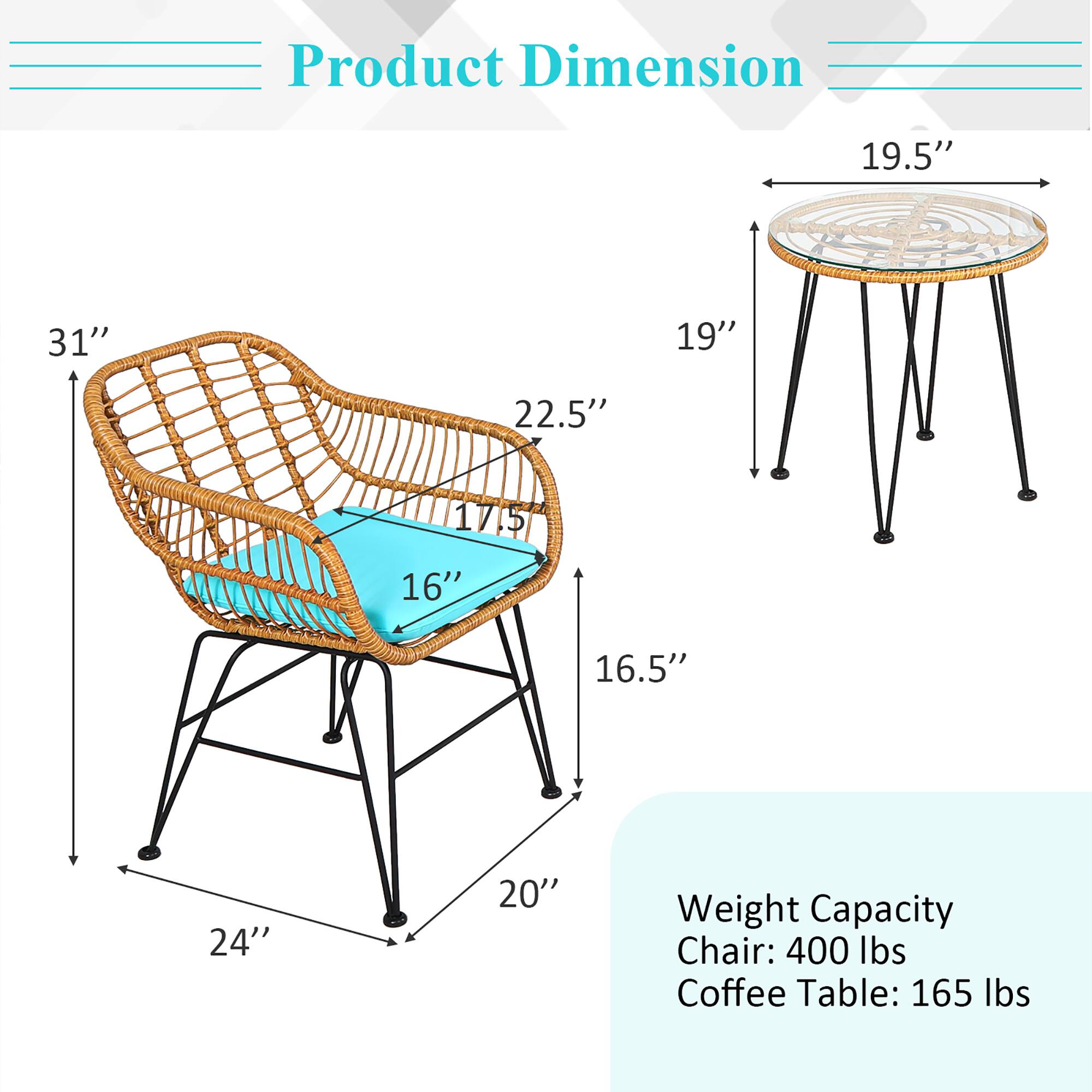 Product Dimension: 19.5", 31", 19", 22.5", 17.5", 16", 16.5", 24", 20"

Weight Capacity: Chair: 400 lbs, Coffee Table: 165 lbs