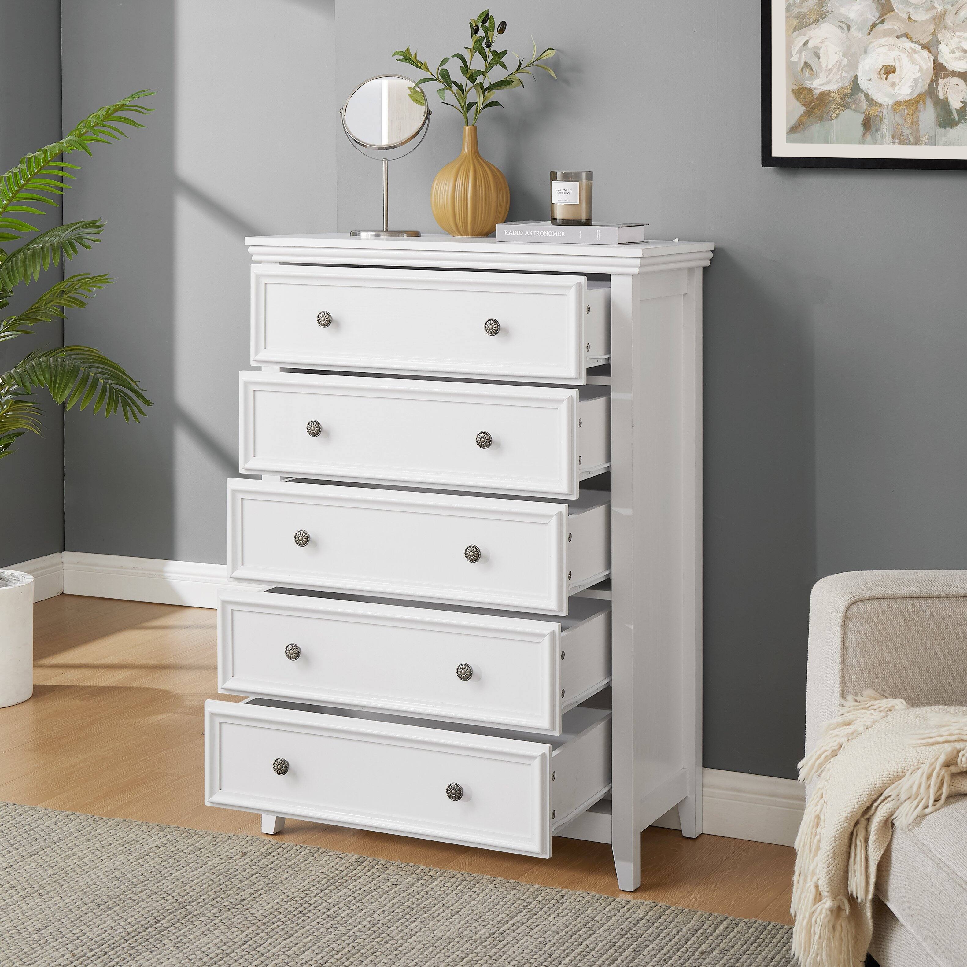 Back. GOODSILO - 5 Drawer Dresser - Modern Chest of Drawers for Bedroom, Living Room, Closet Storage - White.
