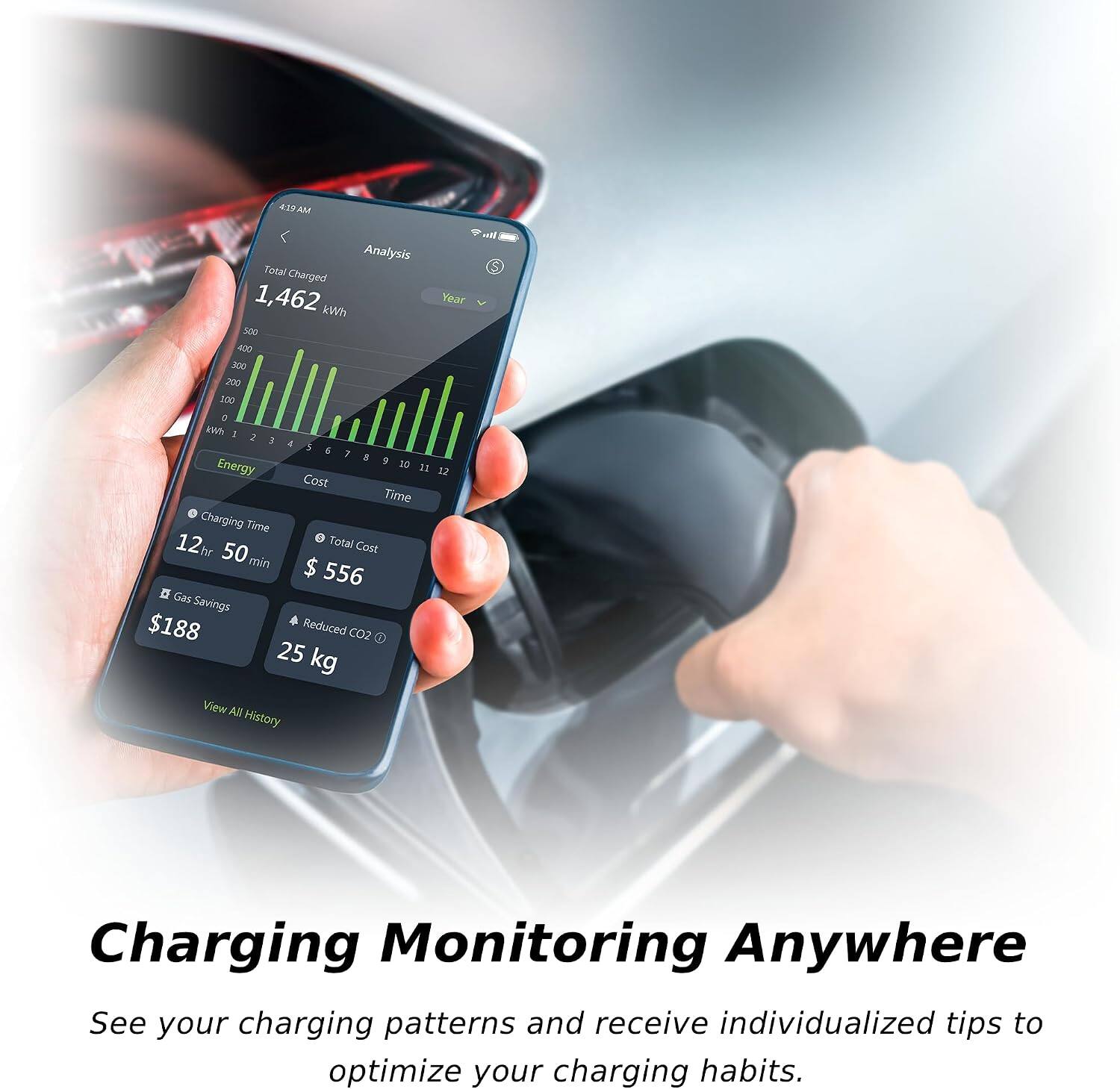 4:19 AM

Analysis

Total Charged 1,462 Year kWh

Energy Cost Time

Charging Time 12h 50 min

Total Cost $ 556

Gas Savings $188

Reduced CO2 25 kg

View All History

Charging Monitoring Anywhere

See your charging patterns and receive individualized tips to optimize your charging habits.