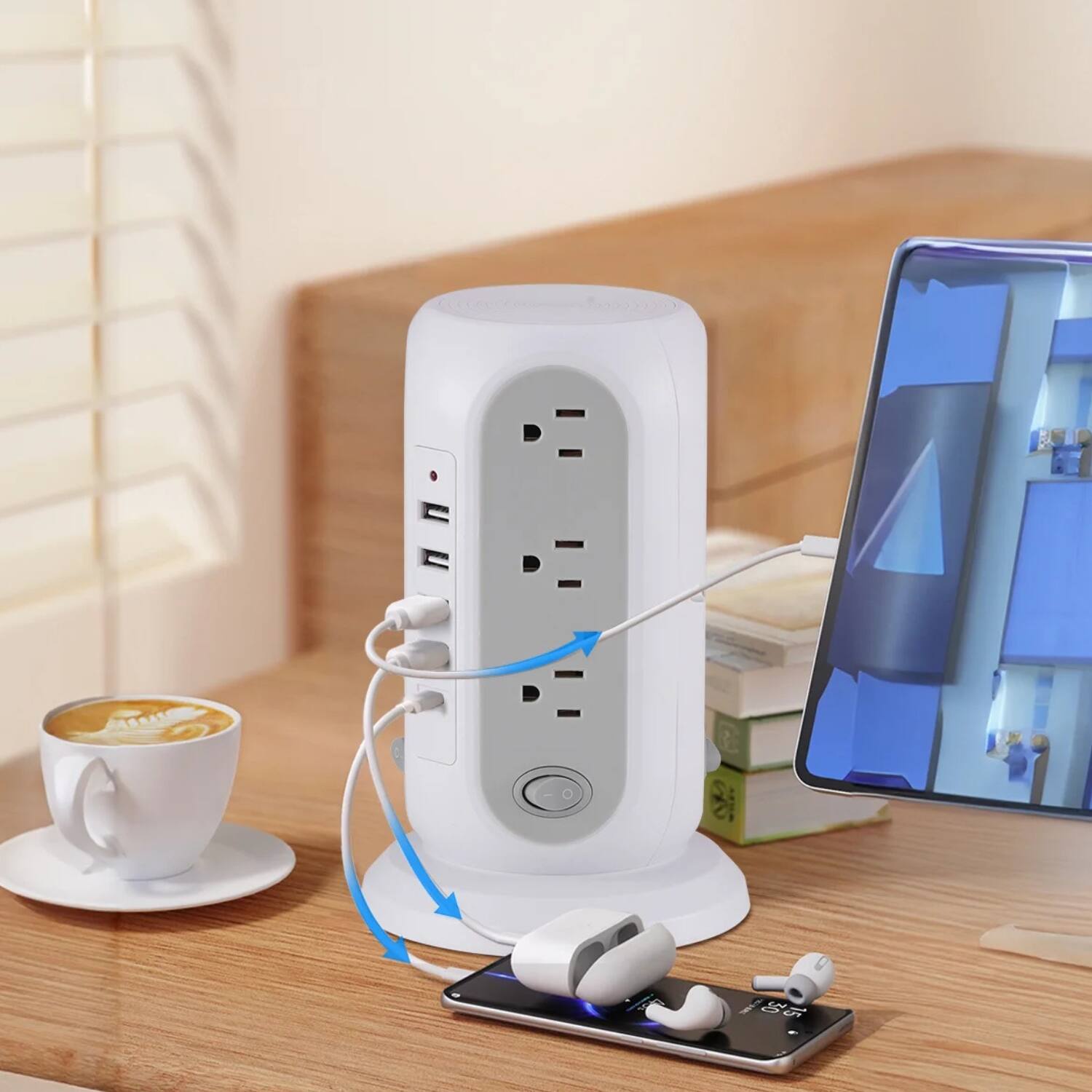 Left. Stock Preferred - 17-in-1 Tower Power Strip with 12 AC Outlets, 5 USB Ports White - White.