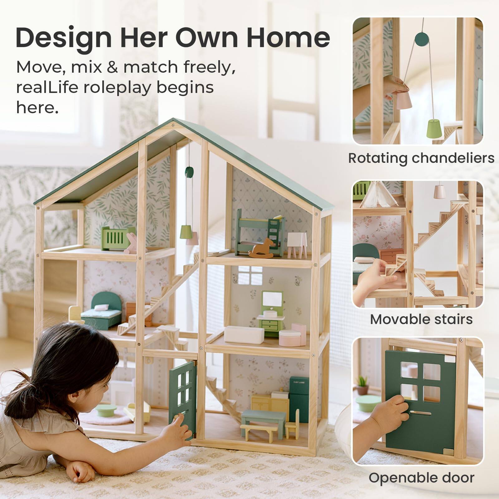Design Her Own Home  
Move, mix & match freely, realLife roleplay begins here.  
Rotating chandeliers  
Movable stairs  
Openable door