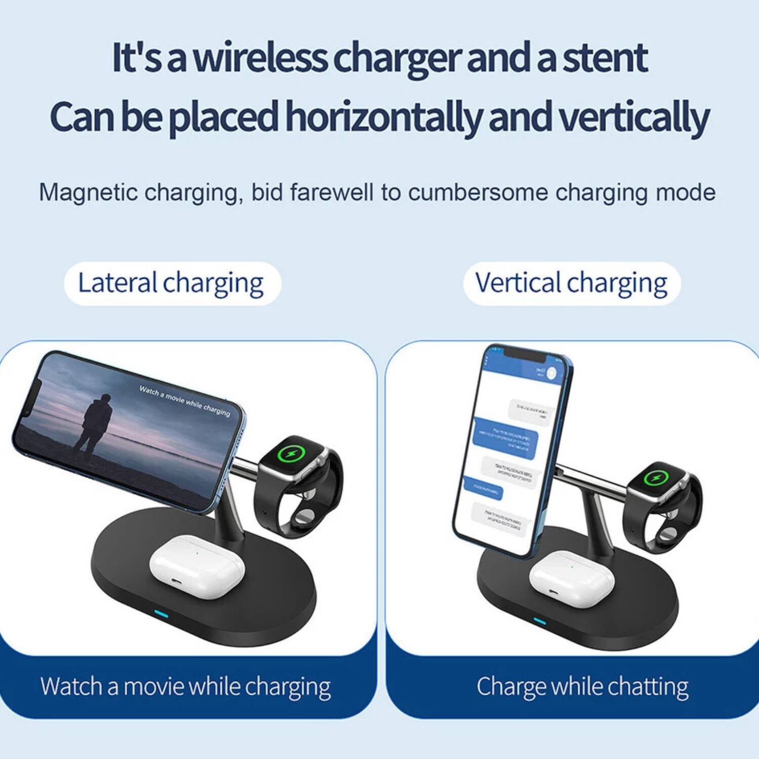 It's a wireless charger and a stent  
Can be placed horizontally and vertically  

Magnetic charging, bid farewell to cumbersome charging mode  

Lateral charging  
Watch a movie while charging  

Vertical charging  
Charge while chatting