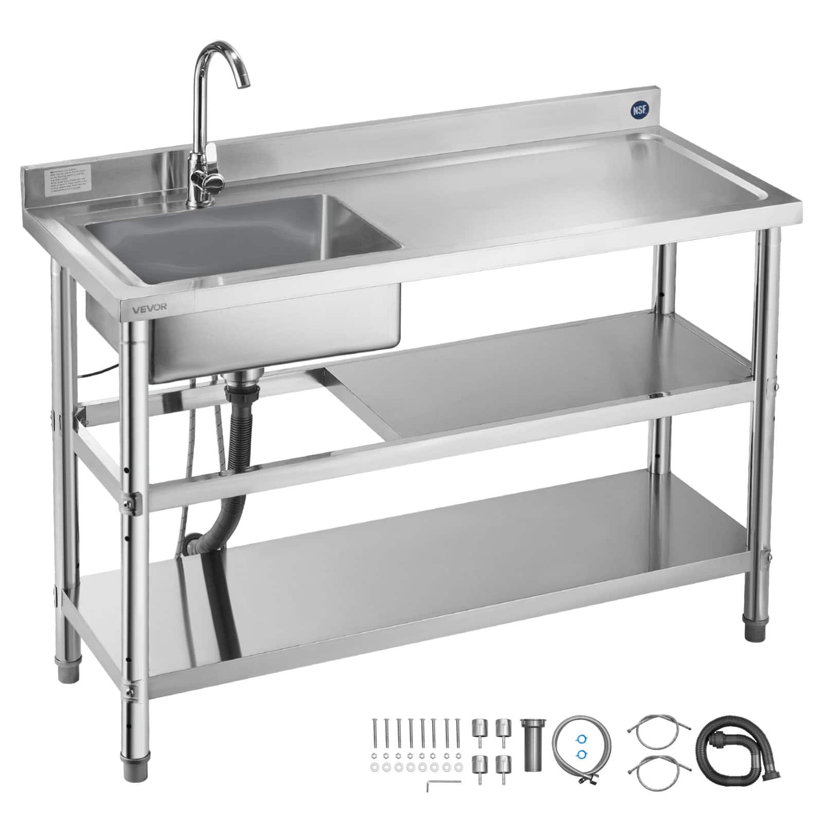 VEVOR - Stainless Steel Utility Sink, Free Standing Single Bowl Commercial Kitchen Sink with Faucet and Hot & Cold Water Pipe - Stainless steel color