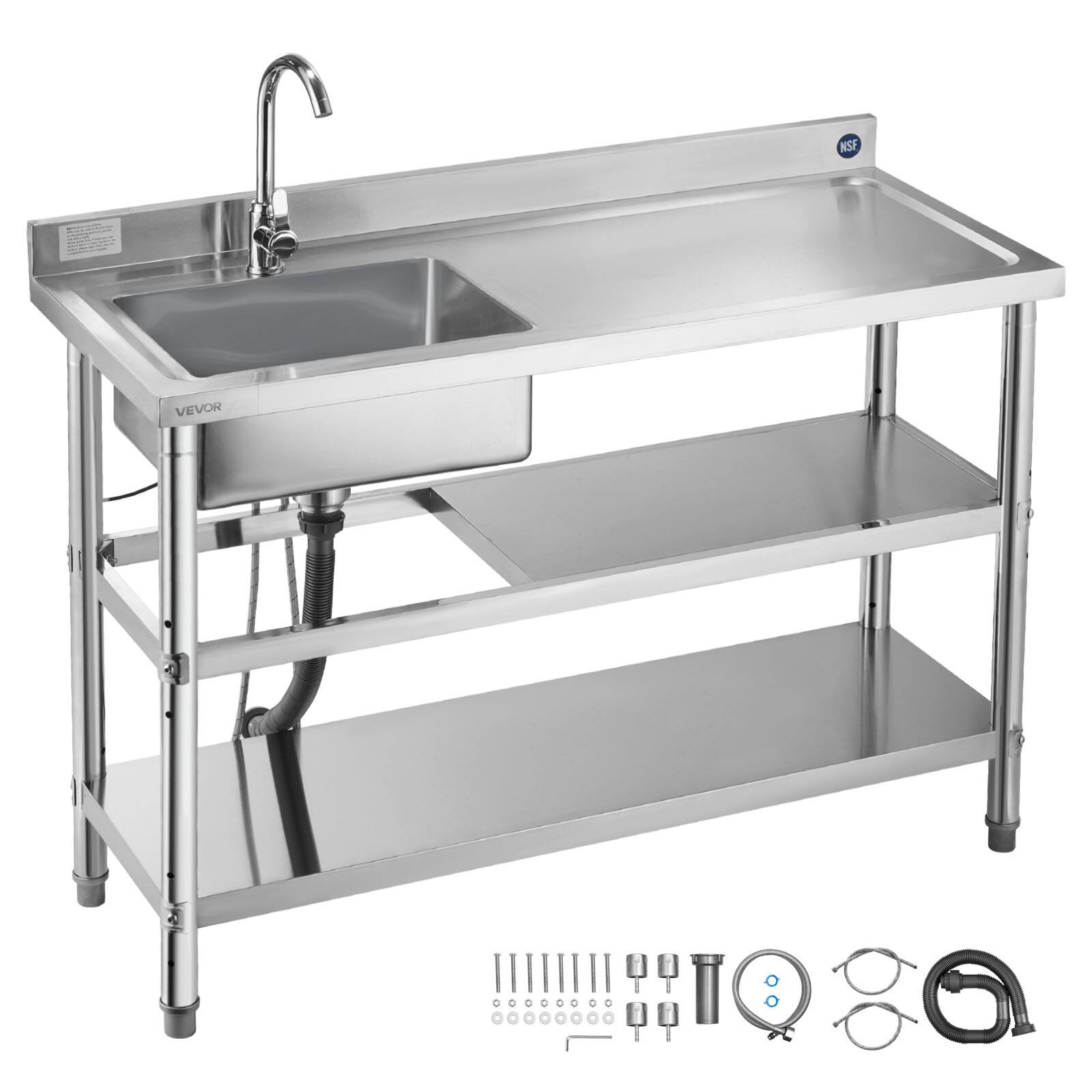 VEVOR - Stainless Steel Utility Sink, Free Standing Single Bowl Commercial Kitchen Sink with Faucet and Hot & Cold Water Pipe - Stainless steel color
