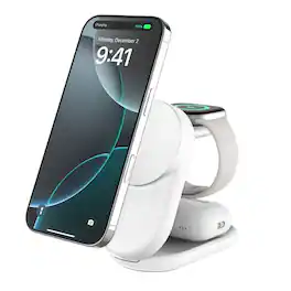 Belkin - 3-in-1 Foldable Magnetic Charging Stand, 25W Qi2, MagSafe compatible, charge iPhone, compact travel-friendly design - White