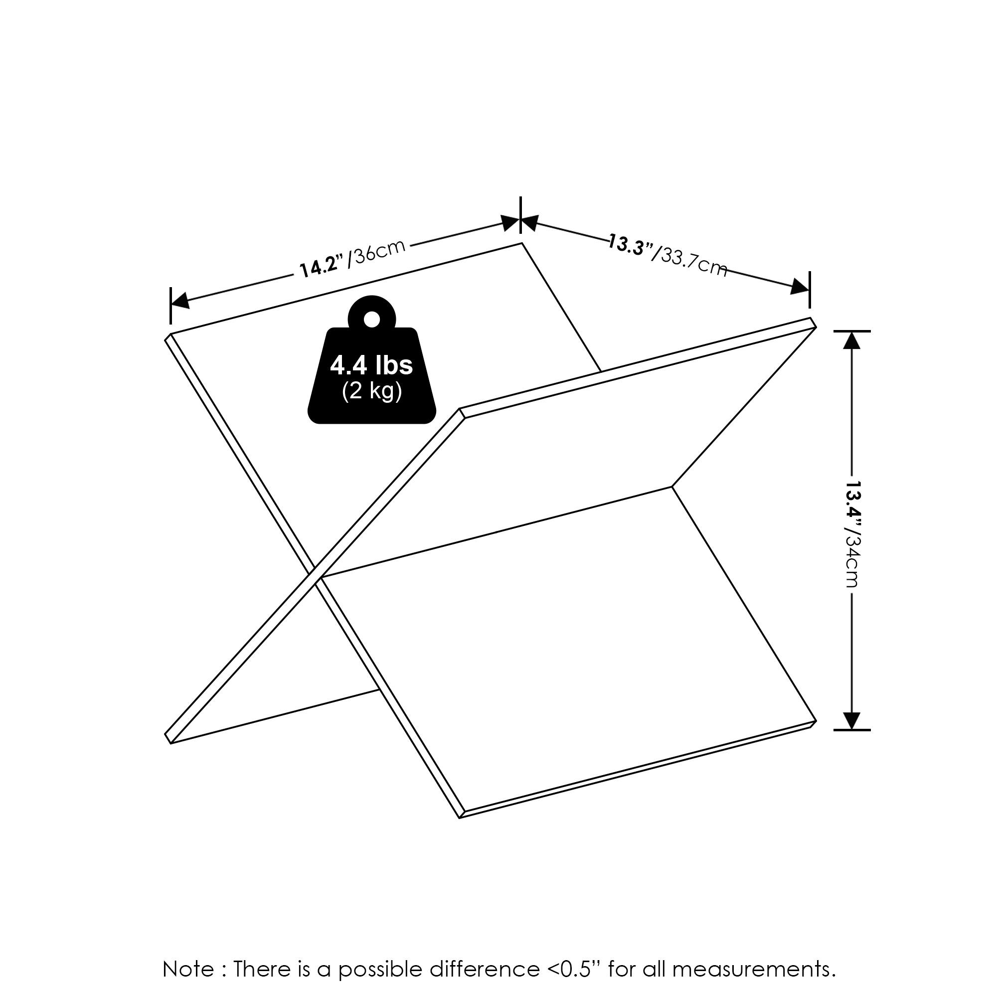 14.2" / 36 cm  
13.3" / 33.7 cm  
13.4" / 34 cm  
4.4 lbs (2 kg)  

Note: There is a possible difference <0.5" for all measurements.