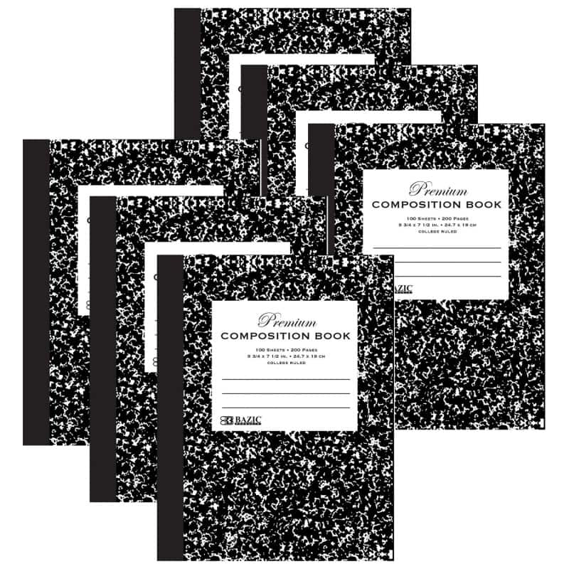 BAZIC Products - Premium Composition Book, College Ruled, Black Marble, 100 Sheets, Pack of 6 - 9-3/4" x 7-1/2"