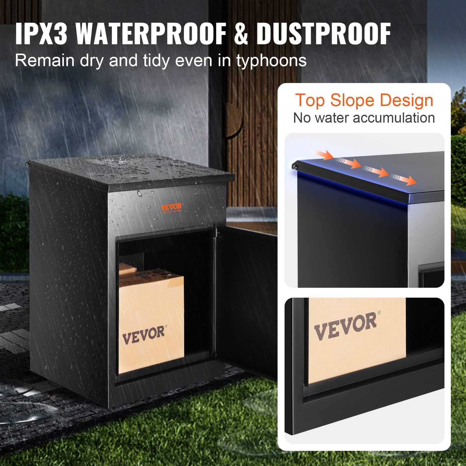 IPX3 WATERPROOF & DUSTPROOF: Remain dry and tidy even in typhoons. Top Slope Design: No water accumulation.