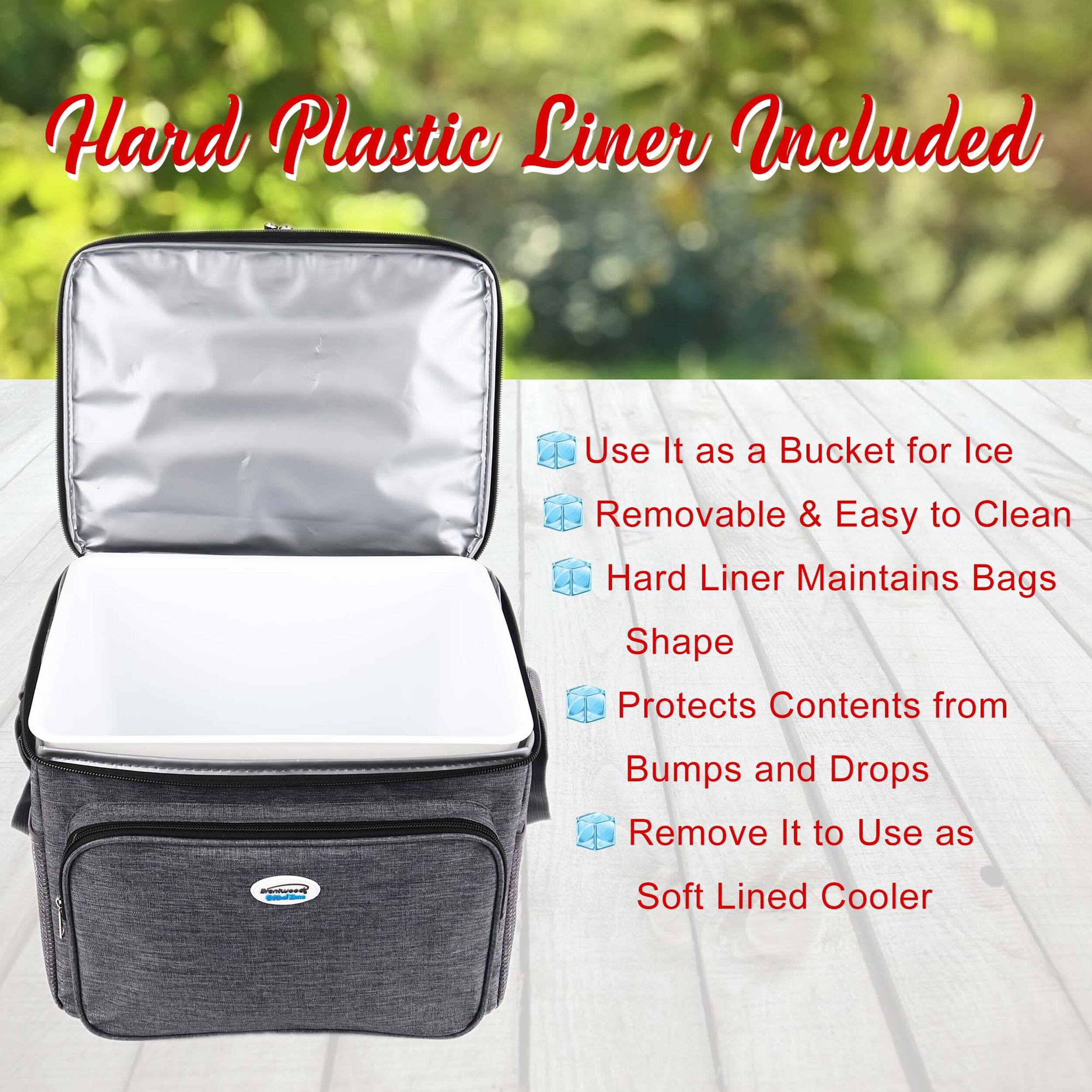 Hard Plastic Liner Included  
Use It as a Bucket for Ice  
Removable & Easy to Clean  
Hard Liner Maintains Bags Shape  
Protects Contents from Bumps and Drops  
Remove It to Use as Soft Lined Cooler
