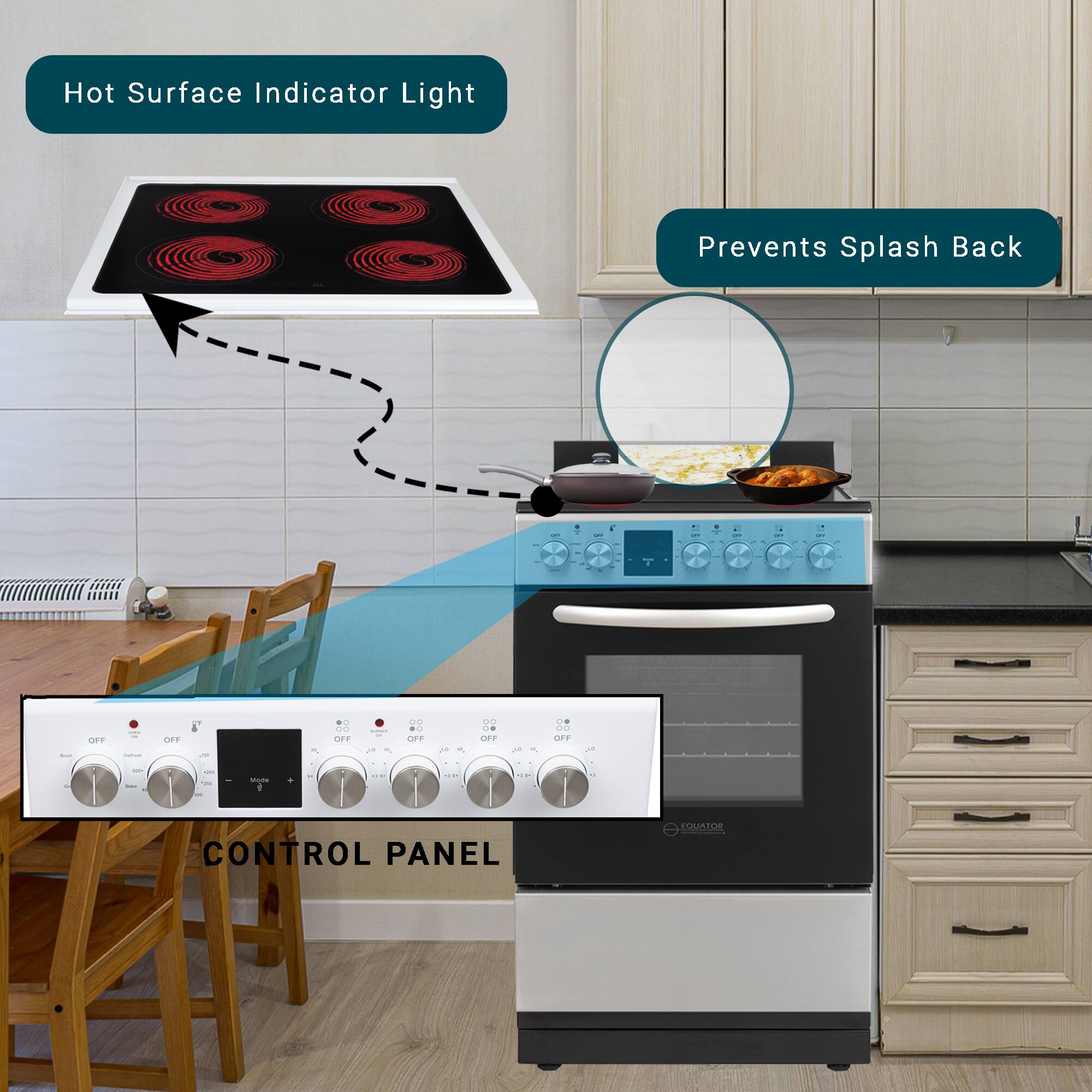 Hot Surface Indicator Light  
Prevents Splash Back  

CONTROL PANEL