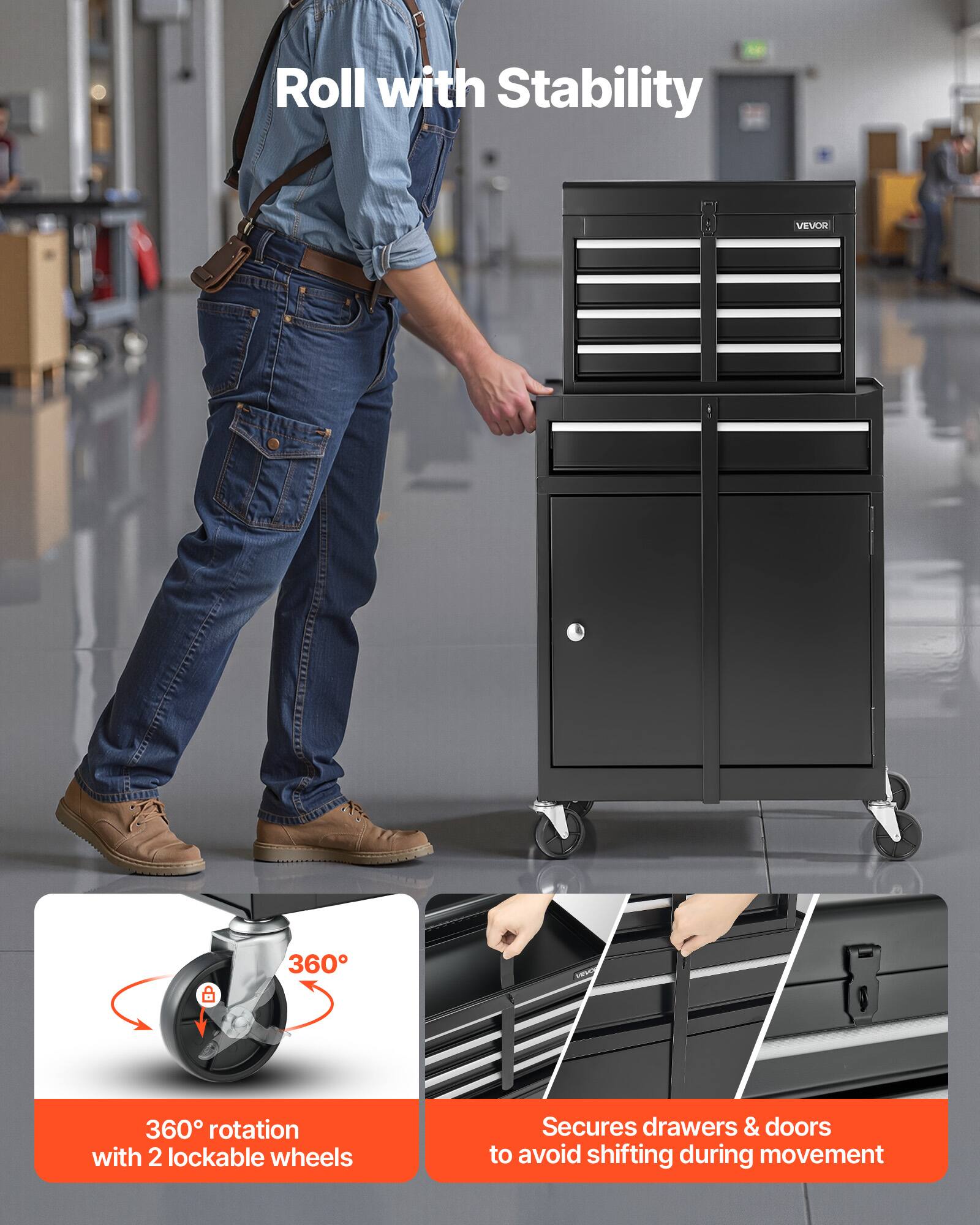 Roll with Stability

360° rotation with 2 lockable wheels

Secures drawers & doors to avoid shifting during movement