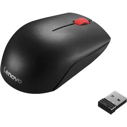 Front. Lenovo - Lenovo Essential Compact Wireless Mouse Black - Ambidextrous design - Radio Frequency - 2.4 GHz Wireless via Nano USB - Black.