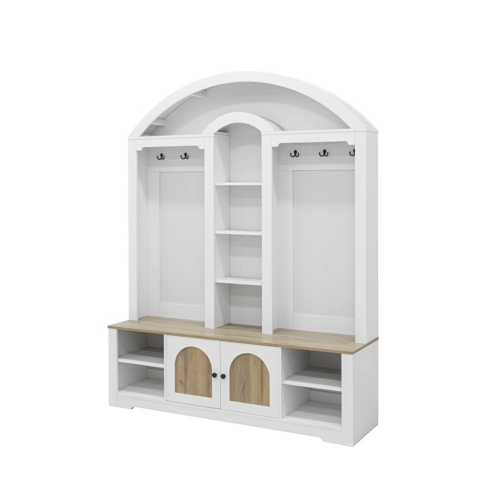 Alt View 9. Loheer - Loheer Curved Entrance Wardrobe Hall Tree With Shoe Bench Two-Tone 59-Inch - White and Walnut.