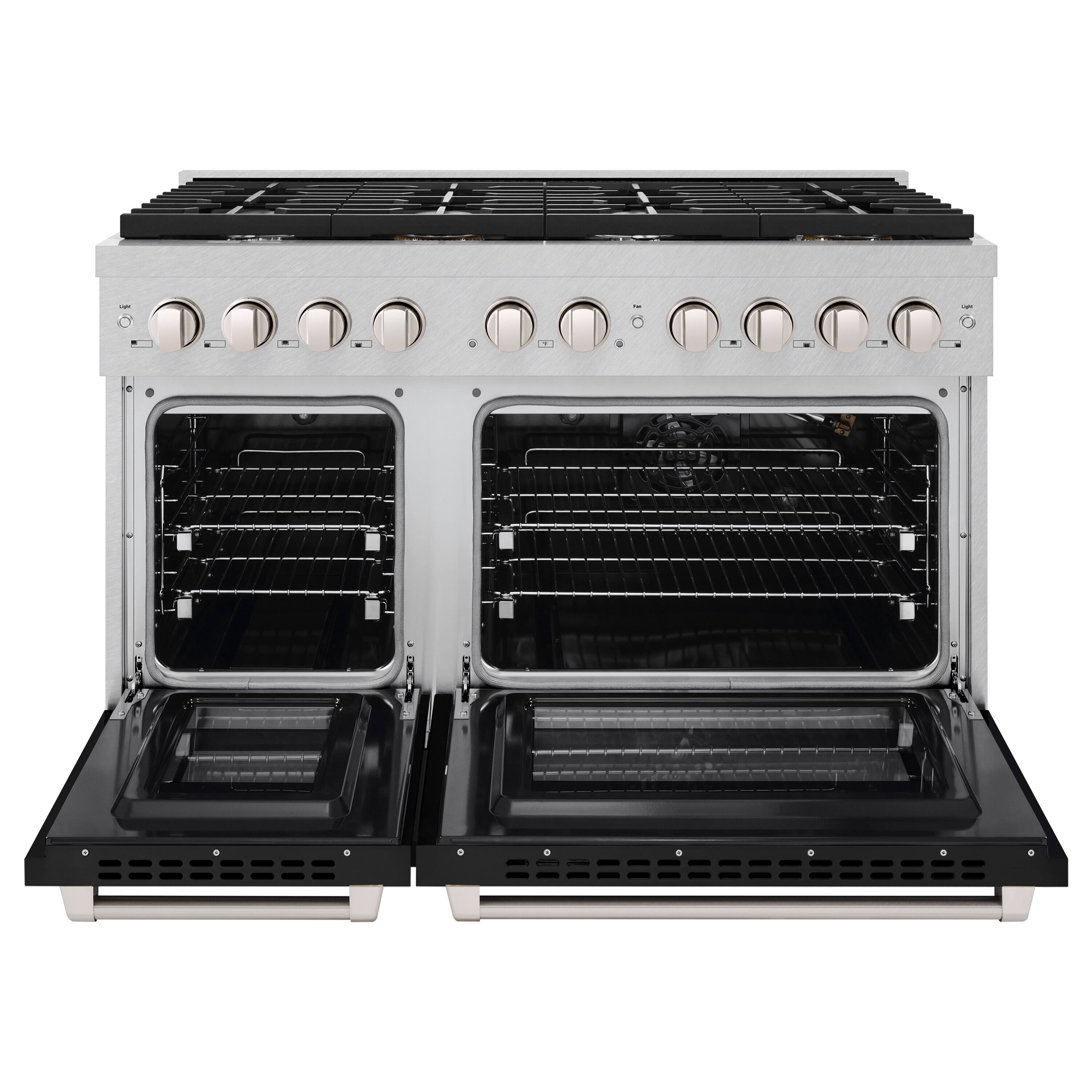 Angle. ZLINE - ZLINE 48 in. Paramount Gas Range with 8 Burner Cooktop (SGRS-BLM-48) - Satin Steel/White Matte.
