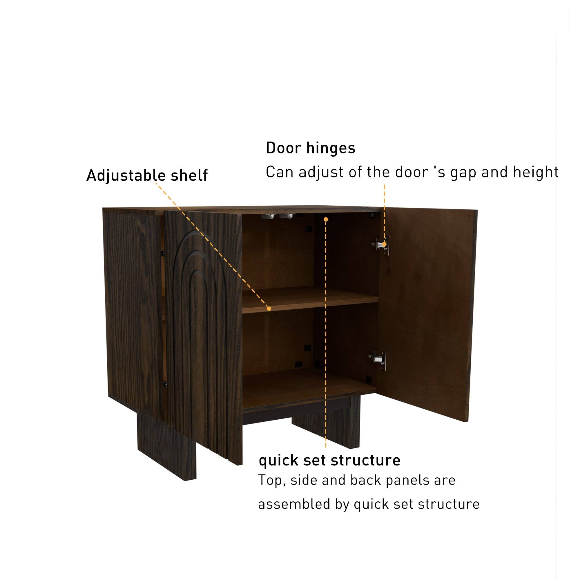 - Adjustable shelf
- Door hinges: Can adjust the door's gap and height
- Quick set structure: Top, side, and back panels are assembled by quick set structure