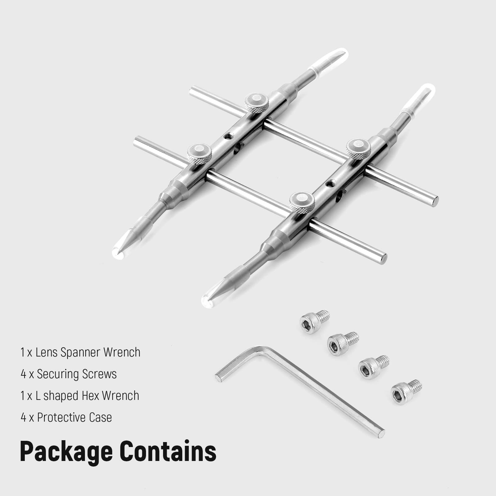 1 x Lens Spanner Wrench  
4 x Securing Screws  
1 x L shaped Hex Wrench  
4 x Protective Case  

Package Contains