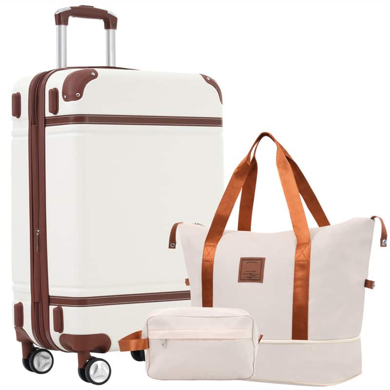 HTUTWOO - 28 IN Hardshell Luggage Set - Lightweight Suitcase with Double Spinner Wheels, TSA Lock, Single Vintage Luggage - White