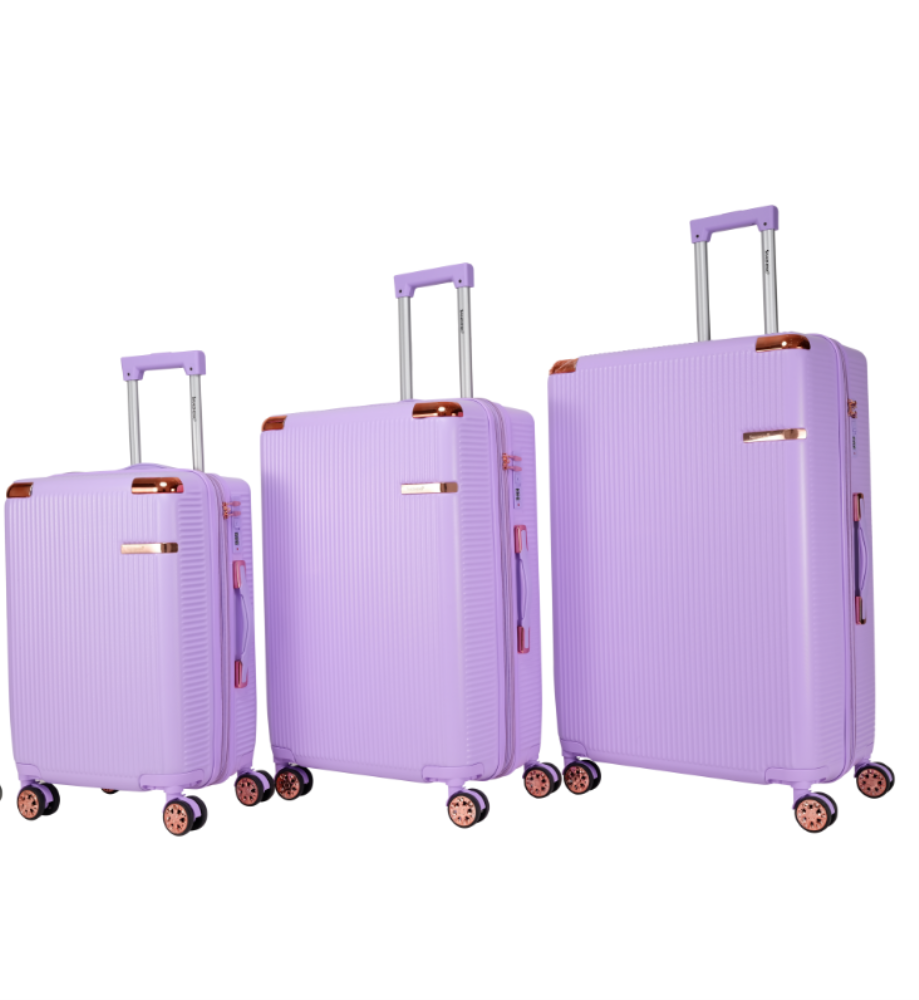 Angle. BreeBe - 4-Piece Hard Luggage Set, Lightweight Suitcases with 360° Dual Spinner Wheels, Password Lock, Portable Design - Purple, Green.