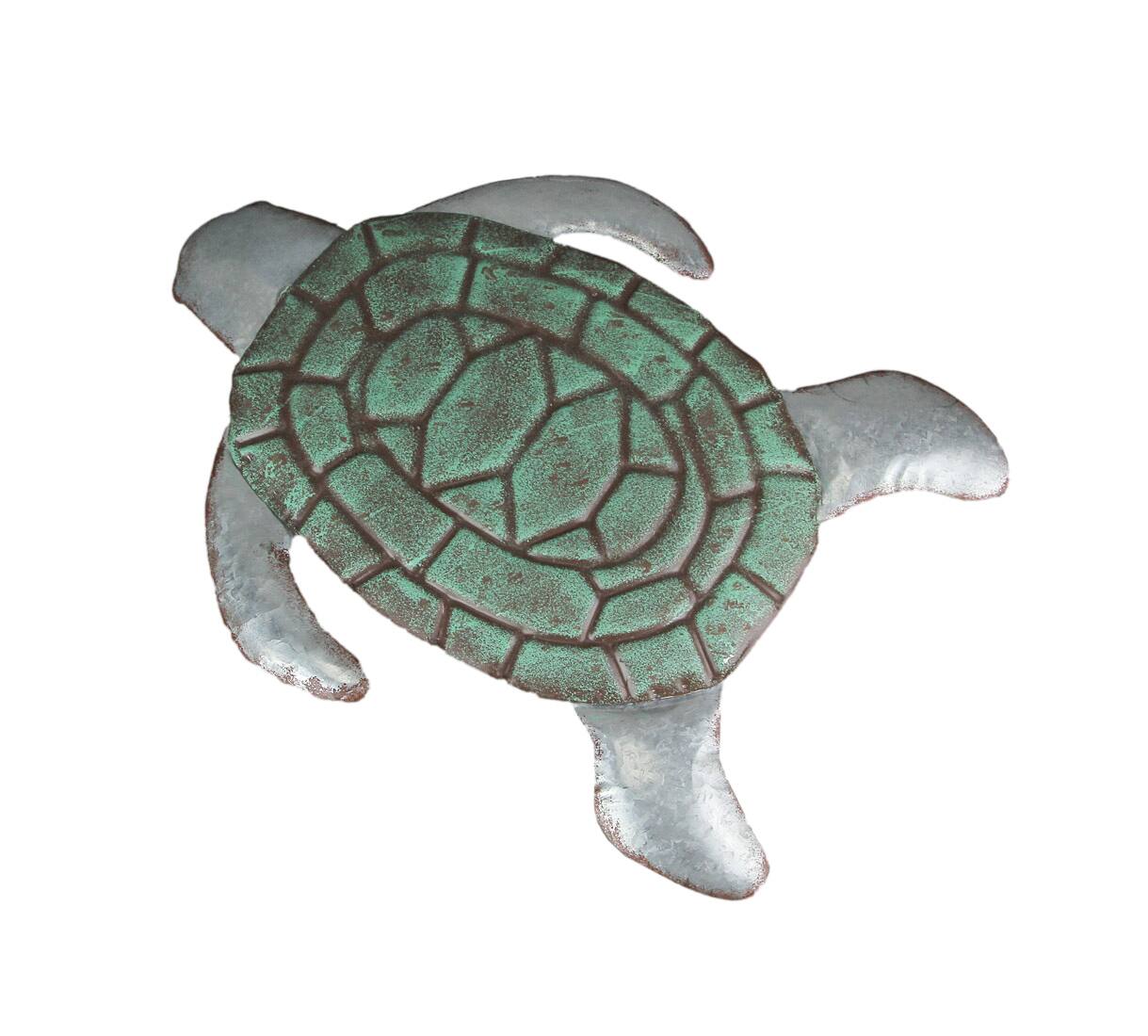 Front. Zeckos - Galvanized Zinc Finish Metal Sea Turtle Wall Hanging With Painted Shell - Green.