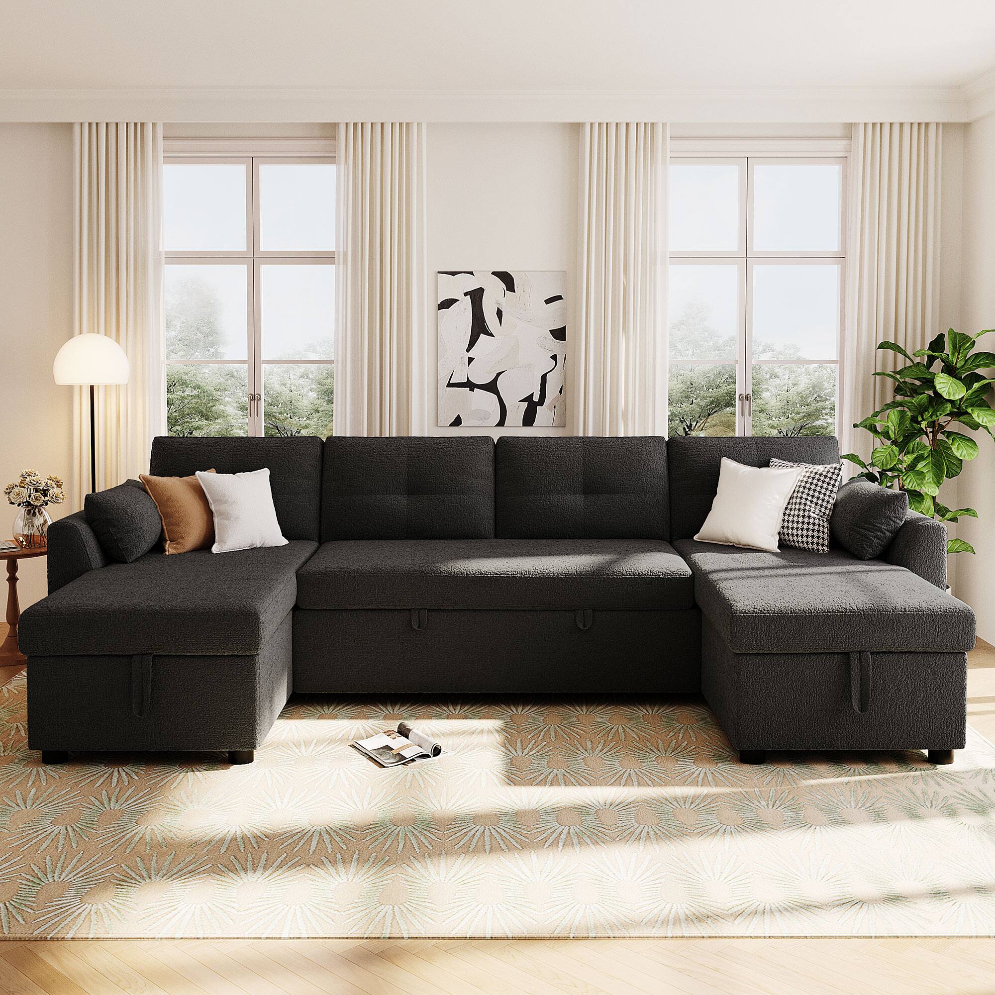 Angle. Whisen - Modern U-shaped Sectional Sofa Bed with Storage and USB Ports for Living Room - Black.