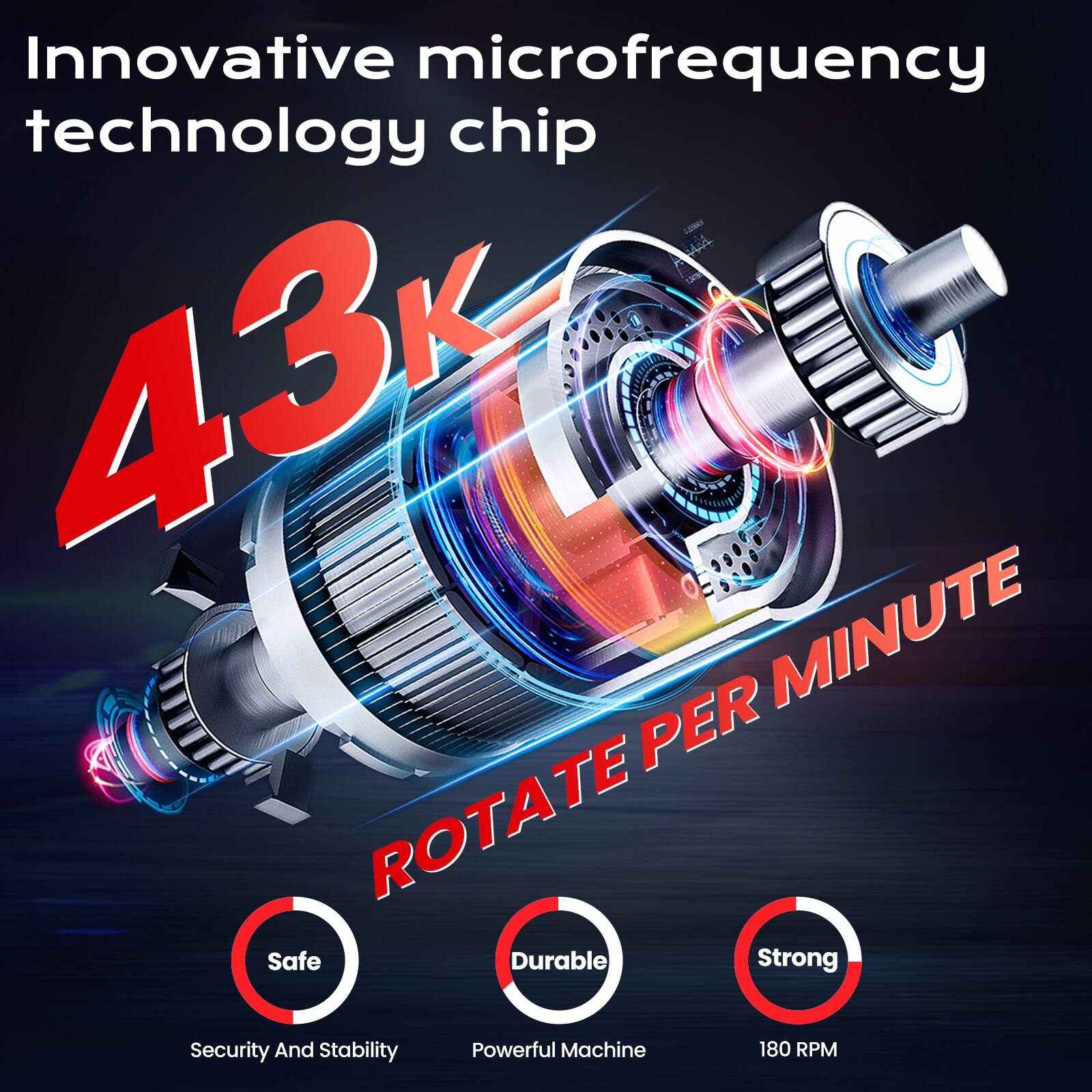 Innovative microfrequency technology chip  
43k ROTATE PER MINUTE  
Safe - Security And Stability  
Durable - Powerful Machine  
Strong - 180 RPM