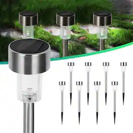 Oumilen - 10-Pack Solar Stainless Steel Tube Stake Lights 13.6In White LED Outdoor Garden Path Lights