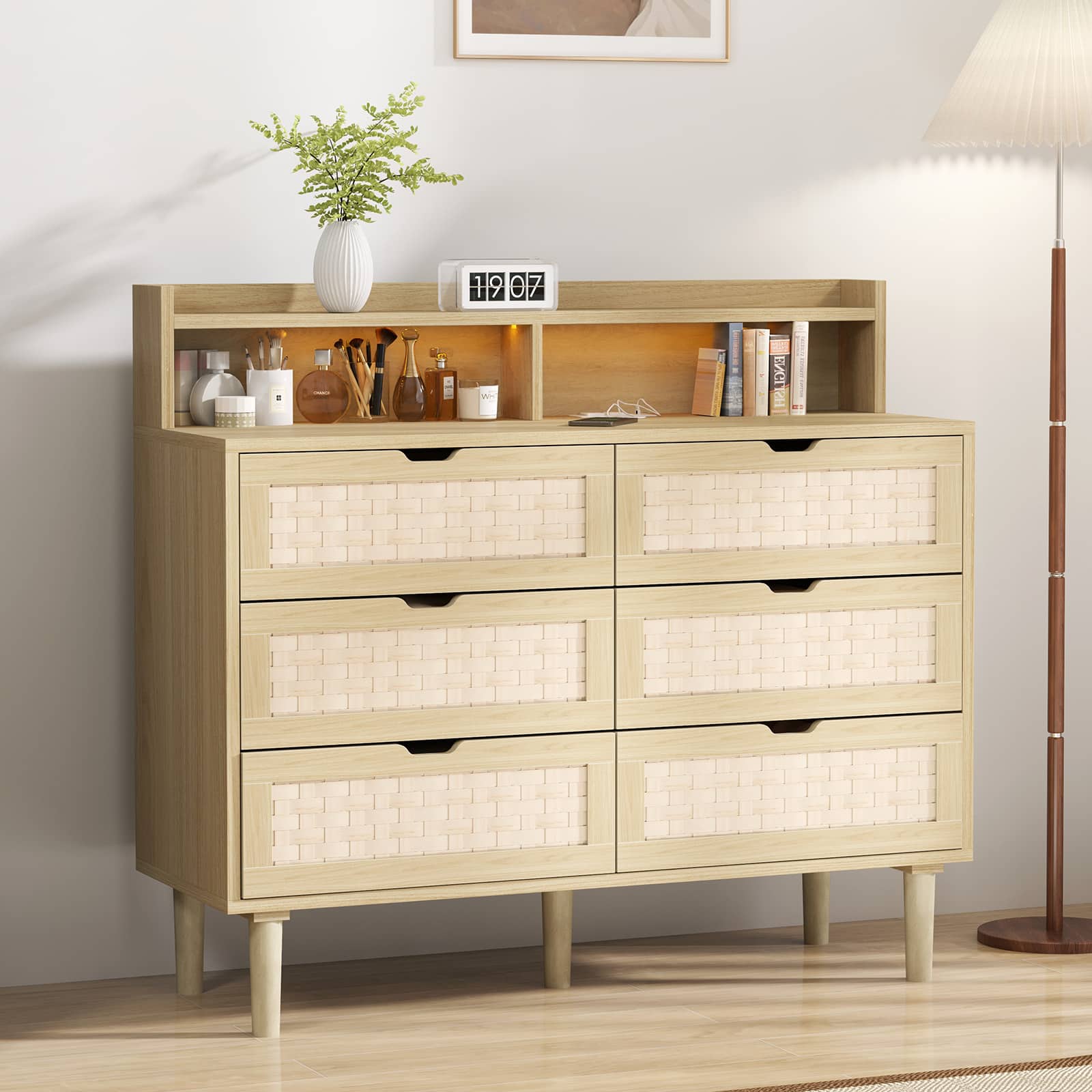 Bestier - 6-Drawer Dresser with LED Lights, Built-In AC Outlets & USB Ports, Concealed Handles and Smooth Slides - wooden