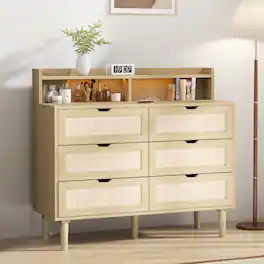 Bestier - 6-Drawer Dresser with LED Lights, Built-In AC Outlets & USB Ports, Concealed Handles and Smooth Slides - wooden