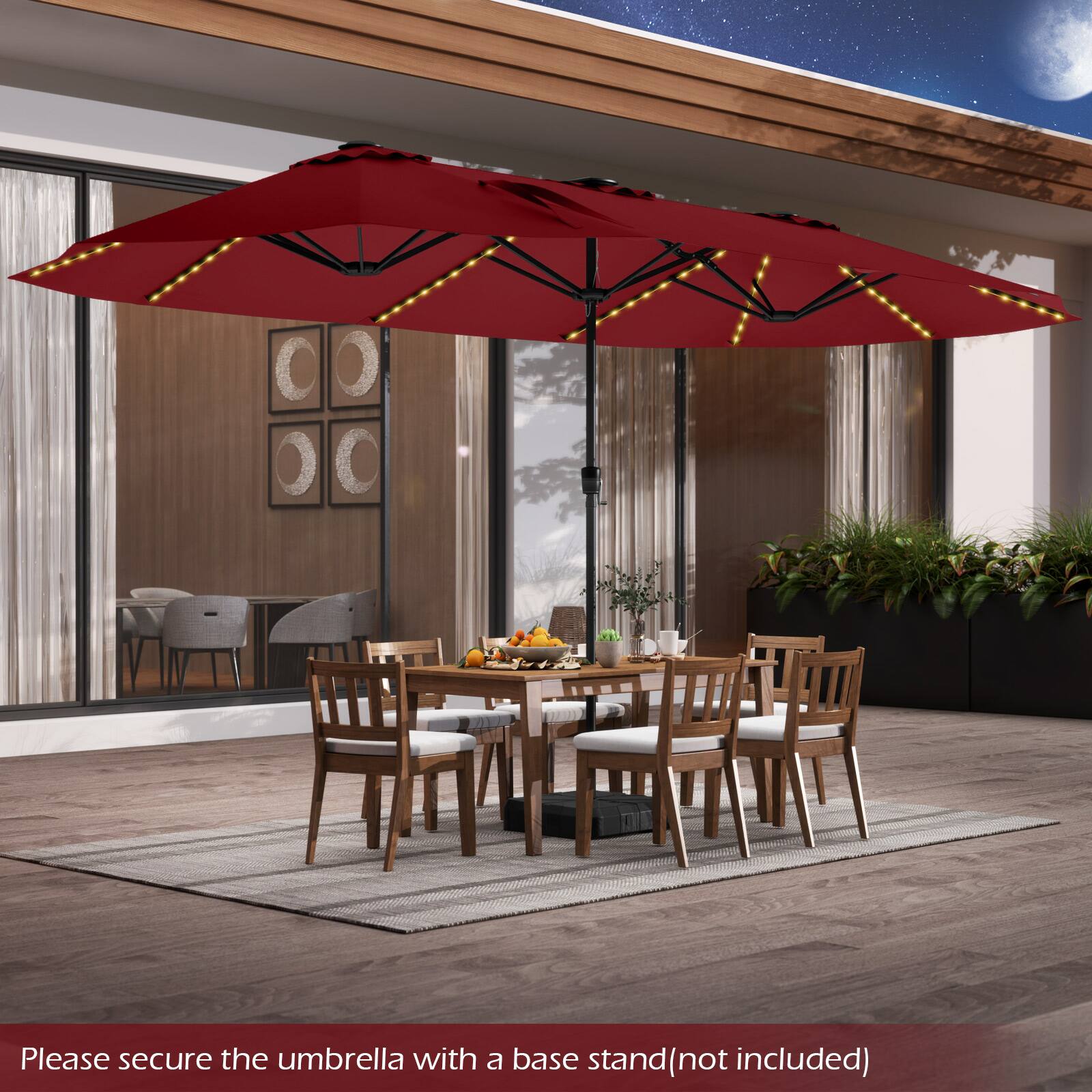 Please secure the umbrella with a base stand (not included)