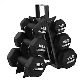 HolaHatha - 5, 10, and 15 Pound Neoprene Dumbbell Free Hand Weight Set with Rack - Black