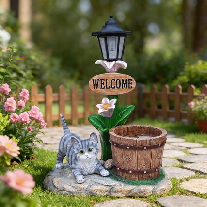 Front. Anysun - Lying Cat Solar Planter Garden Decor – Relaxed Feline Statue with Built‑In LED Light and Flower Pot, Weather‑Resistant - Brown.