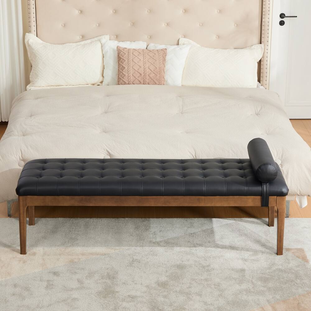 Angle. Ropilly - Ropilly 66 Inch Black Faux Leather End of Bed Bench, Button Tufted Upholstered Entryway Shoe Bench with Wood Legs - Black.