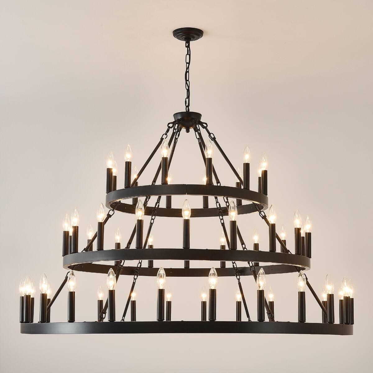 Left. Loheer - Loheer Three Tier Farmhouse Chandelier, Black Metal Wagon Wheel Design for High Ceilings.