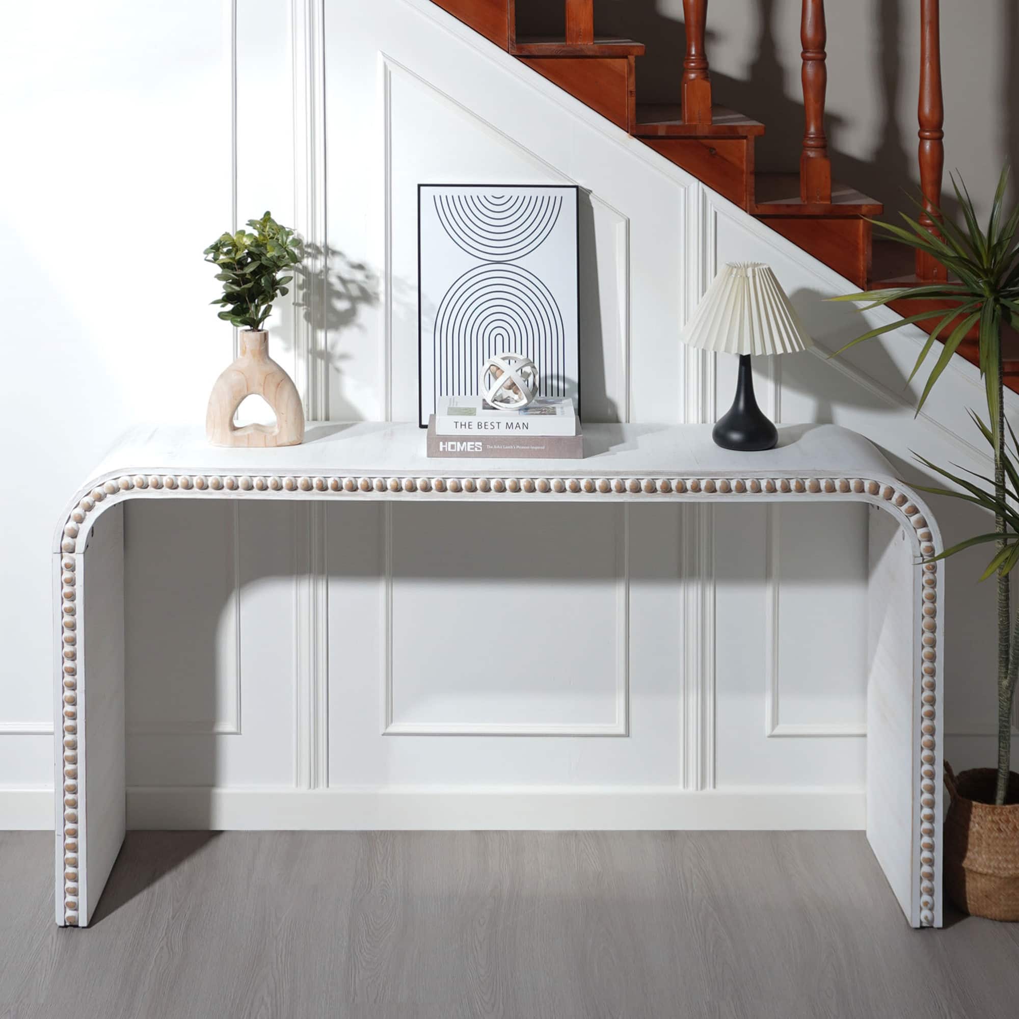 GOODSILO - Elegant Curved Waterfall Console Table with Wood Bead Detailing for Entryway Hallway Living Room - Antique White