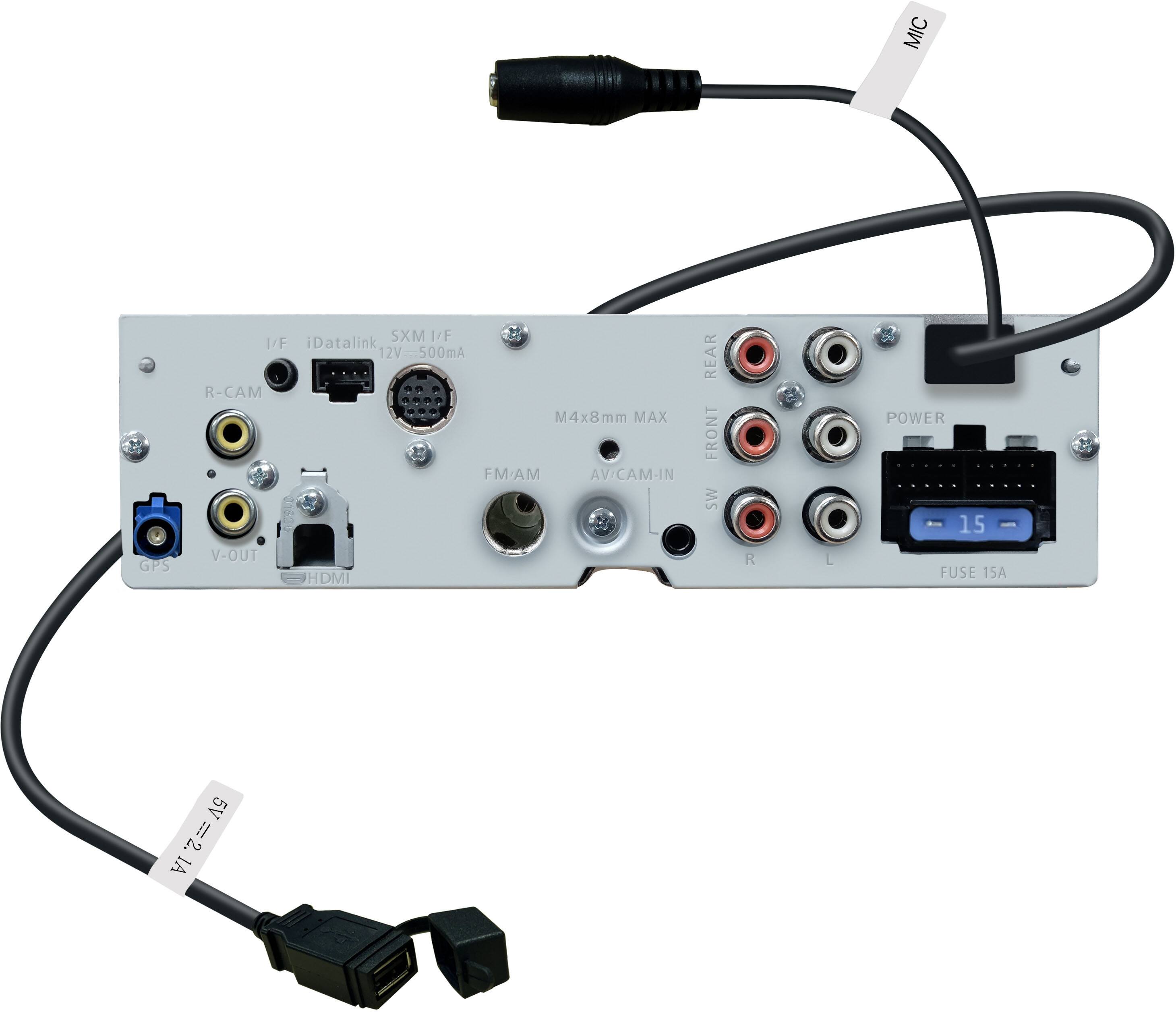 - MIC
- GPS
- SXM I/F
- iDatalink 12V 500mA
- R-CAM
- M4x8mm MAX
- FM/AM
- AV/CAM-IN
- V-OUT
- HDMI
- REAR
- FRONT
- SW
- R
- L
- POWER
- FUSE 15A
- 5V 2.1A
- 1A
- 15
- 5V=2.1A
- 1A=2.
