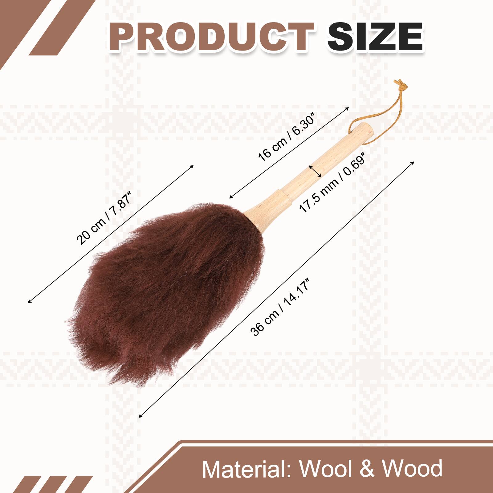 PRODUCT SIZE

- 20 cm / 7.87"
- 16 cm / 6.30"
- 17.5 mm / 0.69"
- 36 cm / 14.17"

Material: Wool & Wood