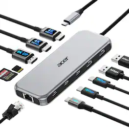 Acer - Laptop Docking Station 3 Monitors, 11-in-1 USB C Docking Station with 8K DP, HDMI 4K@60Hz, 10Gbps Data - Gray