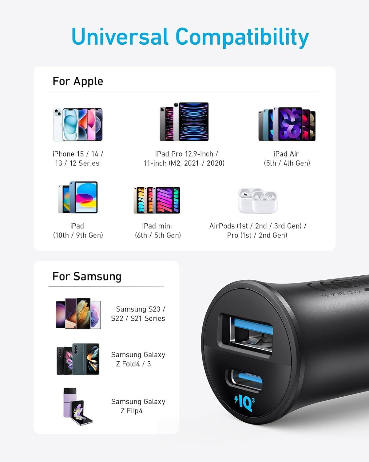 Universal Compatibility

For Apple
- iPhone 15 / 14 / 13 / 12 Series
- iPad Pro 12.9-inch / 11-inch (M2, 2021 / 2020)
- iPad Air (5th / 4th Gen)
- iPad (10th / 9th Gen)
- iPad mini (6th / 5th Gen)
- AirPods (1st / 2nd / 3rd Gen) / Pro (1st / 2nd Gen)

For Samsung
- Samsung S23 / S22 / S21 Series
- Samsung Galaxy Z Fold4 / 3
- Samsung Galaxy Z Flip4