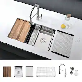Akicon - 30 in. Undermount Workstation Single Bowl 18-Gauge Kitchen Sink and Faucet with Grid, Board and Accessories - Silver