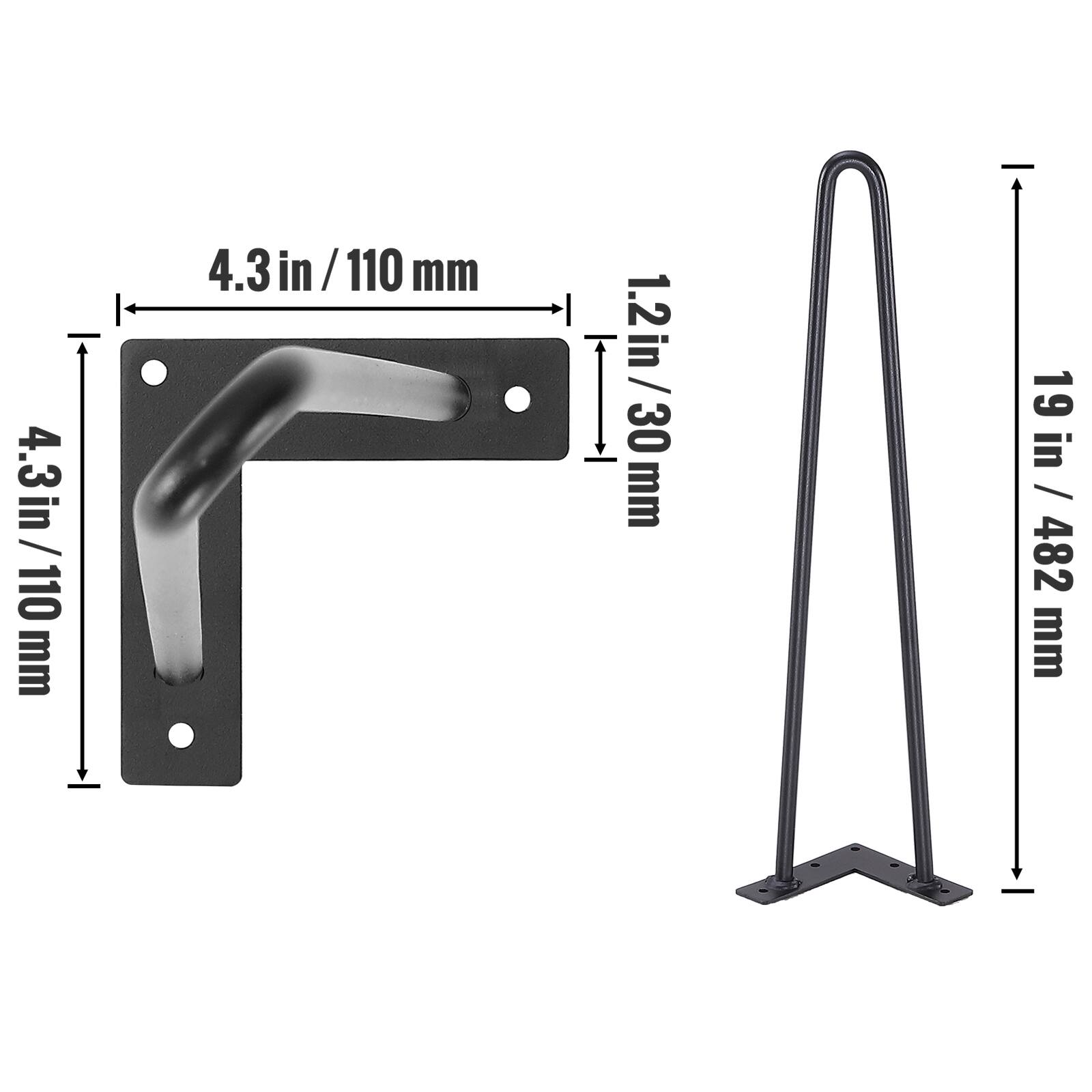 4.3 in / 110 mm, 1.2 in / 30 mm, 19 in / 482 mm