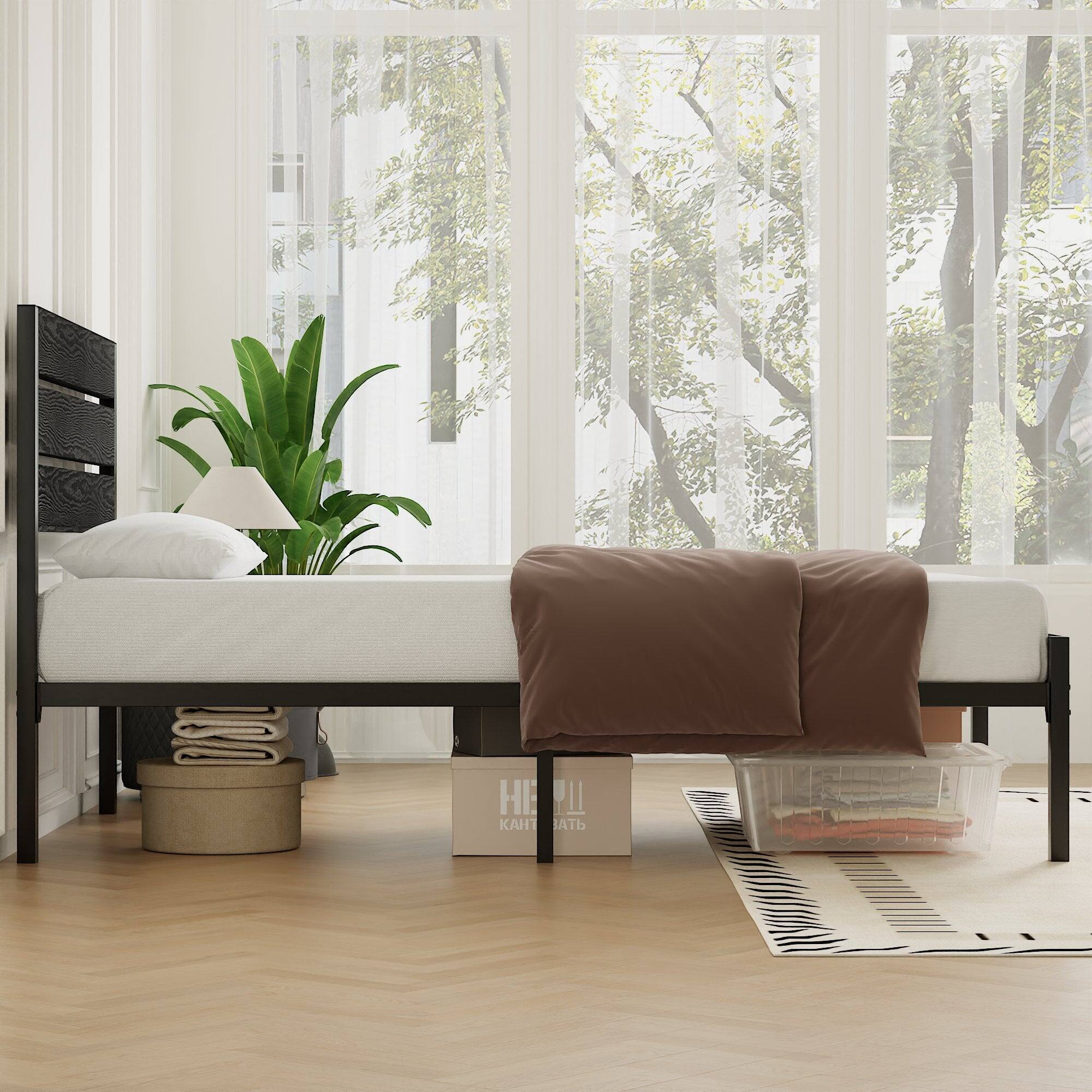 Alt View 5. Vecelo - Twin Size Bed Frame with Wood Headboard, Metal Frame, Noise-Free Industrial Bed, Full & Twin Options, Platform Bed - Black.