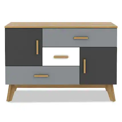 Front. Kadyn - Freestanding Storage Floor Cabinet with 2 Doors and 3 Drawers - Grey, white, black.
