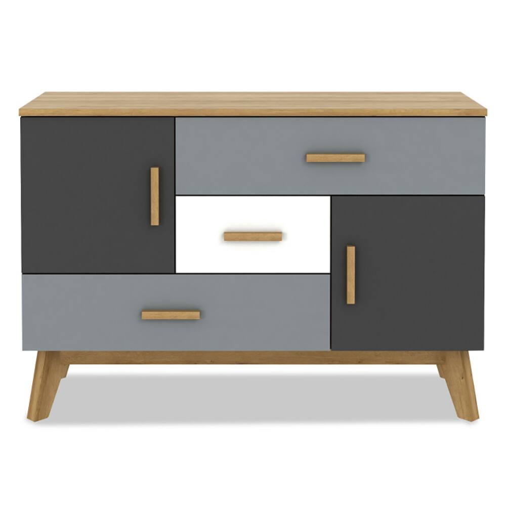 Front. Kadyn - Freestanding Storage Floor Cabinet with 2 Doors and 3 Drawers - Grey, white, black.