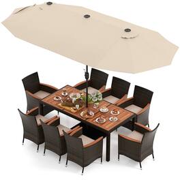Gymax - 9 Piece Patio Wicker Dining Set w/ Double-Sided Patio Beige Umbrella Stackable Chairs - Beige, Mix Brown