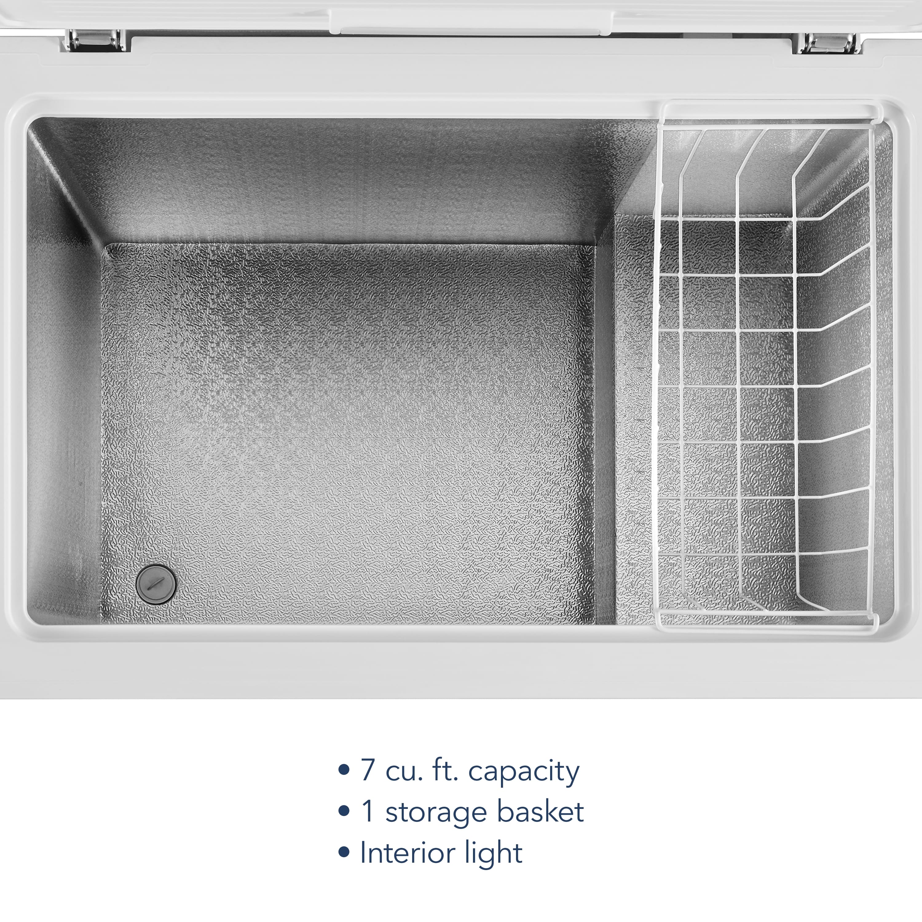 The text on the image reads: "7 cu. ft. capacity 1 storage basket Interior light."