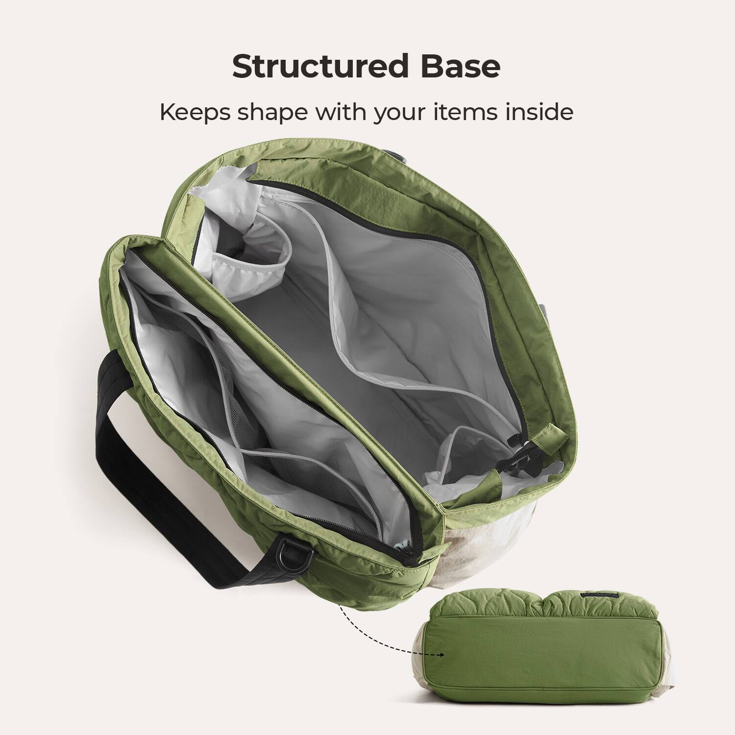 Structured Base  
Keeps shape with your items inside
