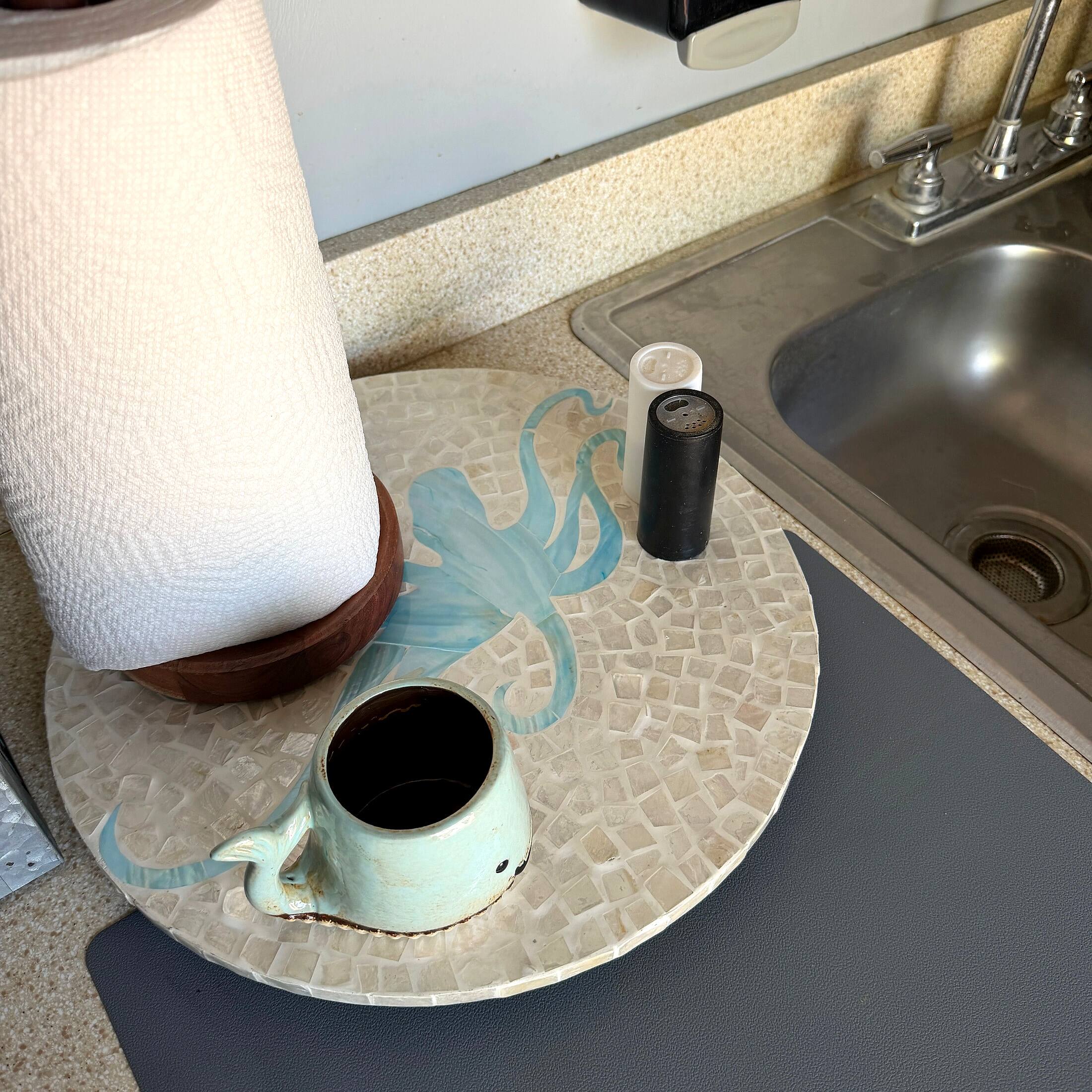 Alt View 5. Zeckos - Octopus Lazy Susan 16 in Capiz Shell Mosaic Rotating Tray Coastal Decor - Light Blue.