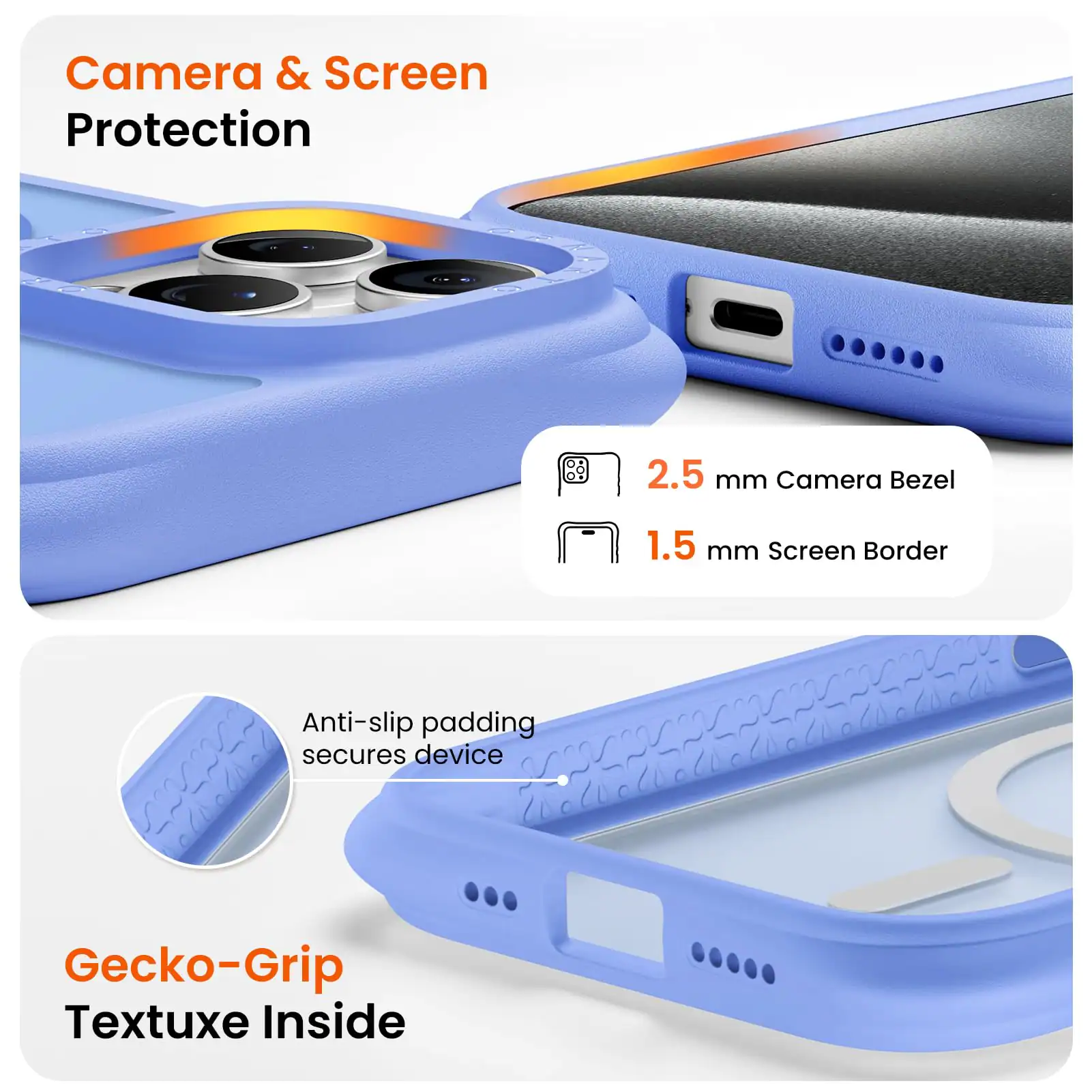 Camera & Screen Protection  
2.5 mm Camera Bezel  
1.5 mm Screen Border  
Anti-slip padding secures device  
Gecko-Grip Textuxe Inside
