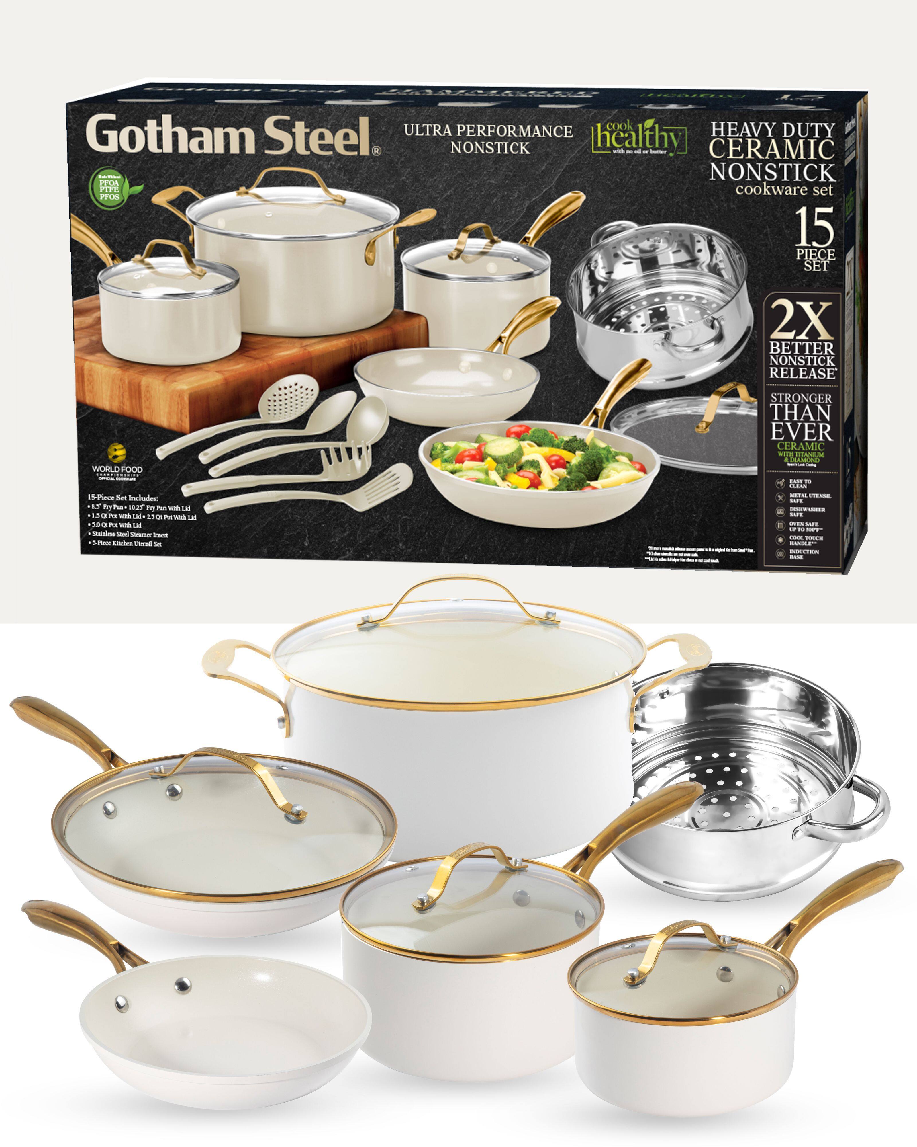 ULTRA PERFORMANCE HEAVY DUTY Gotham Steel NONSTICK - - - - - CERAMIC NONSTICK cookware set 15 PIECE SET 2X BETTER NONSTICK RELEASE WORLD FOOD .... faea - - S-Plece Aa Ichales - A By   Fe Pan -  - . . P - M io - WEA 1A ha1a P -  - 1 - I P Eacda -era - - STRONGER THAN EVER ERAMIC YUR RANIUN AO : :  - C - A - d - - dd. :  - - - SOC - CC -